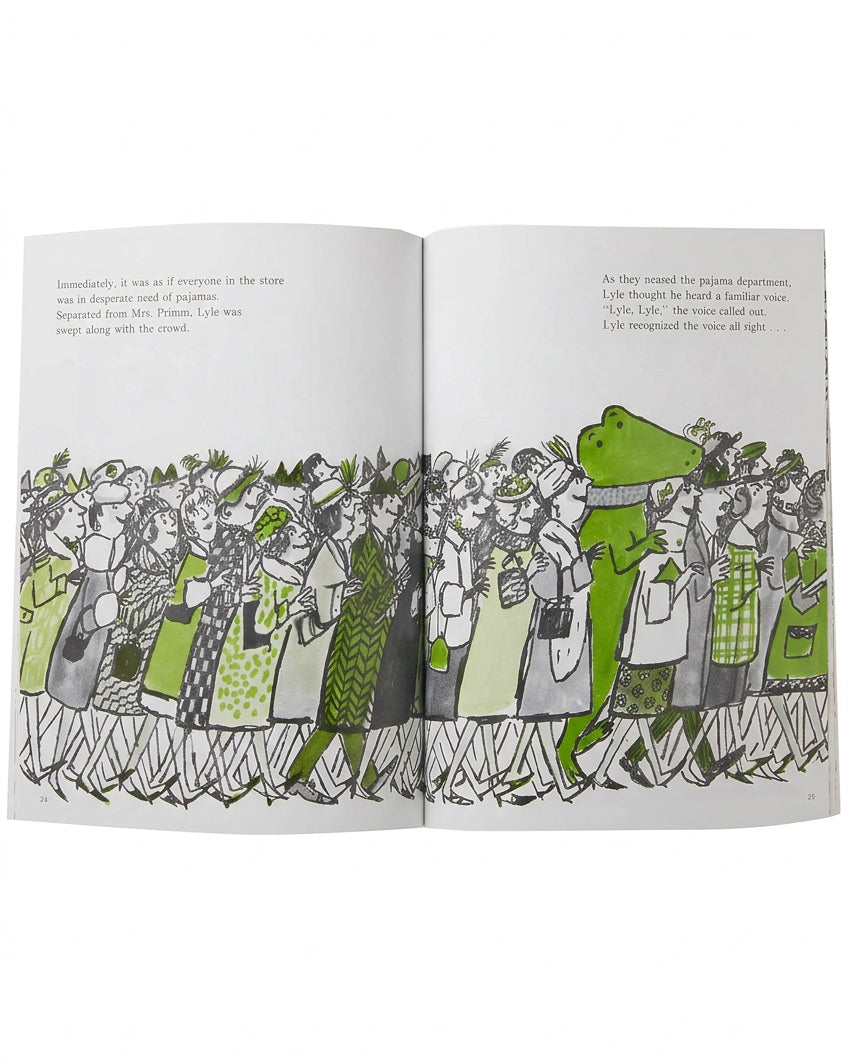 Illustrated book open to a page with a green crocodile character among people in a store.