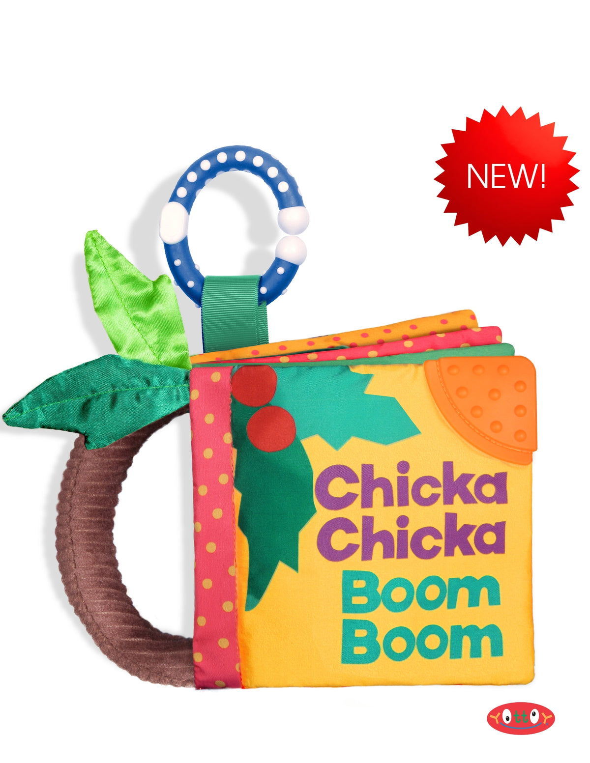 A colorful fabric baby book toy with a coconut handle, green leaves, red berries, and a blue teething ring. The book cover reads 'Chicka Chicka Boom Boom' on a white background with a red 'NEW!' badge.