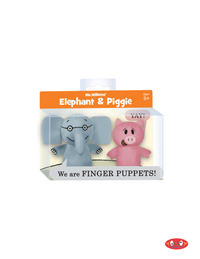 Packaged finger puppets depicting a gray elephant and a pink pig, with printed expressions on their faces, labeled as 'Elephant & Piggie' from Mo Willems.
