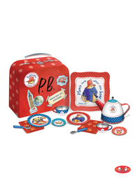 Paddington Bear Tin Tea Set laid out with tea set parts outside of carrying suitcase