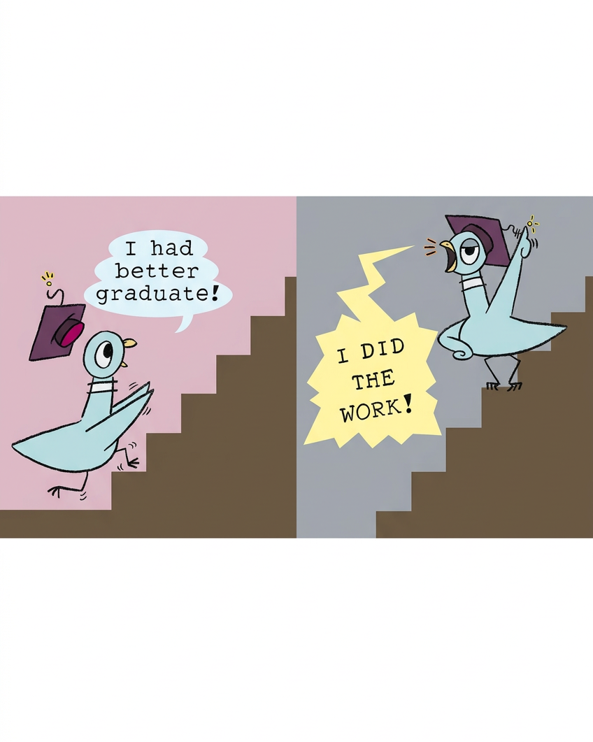 "WILL THE PIGEON GRADUATE?" HARDCOVER BOOK