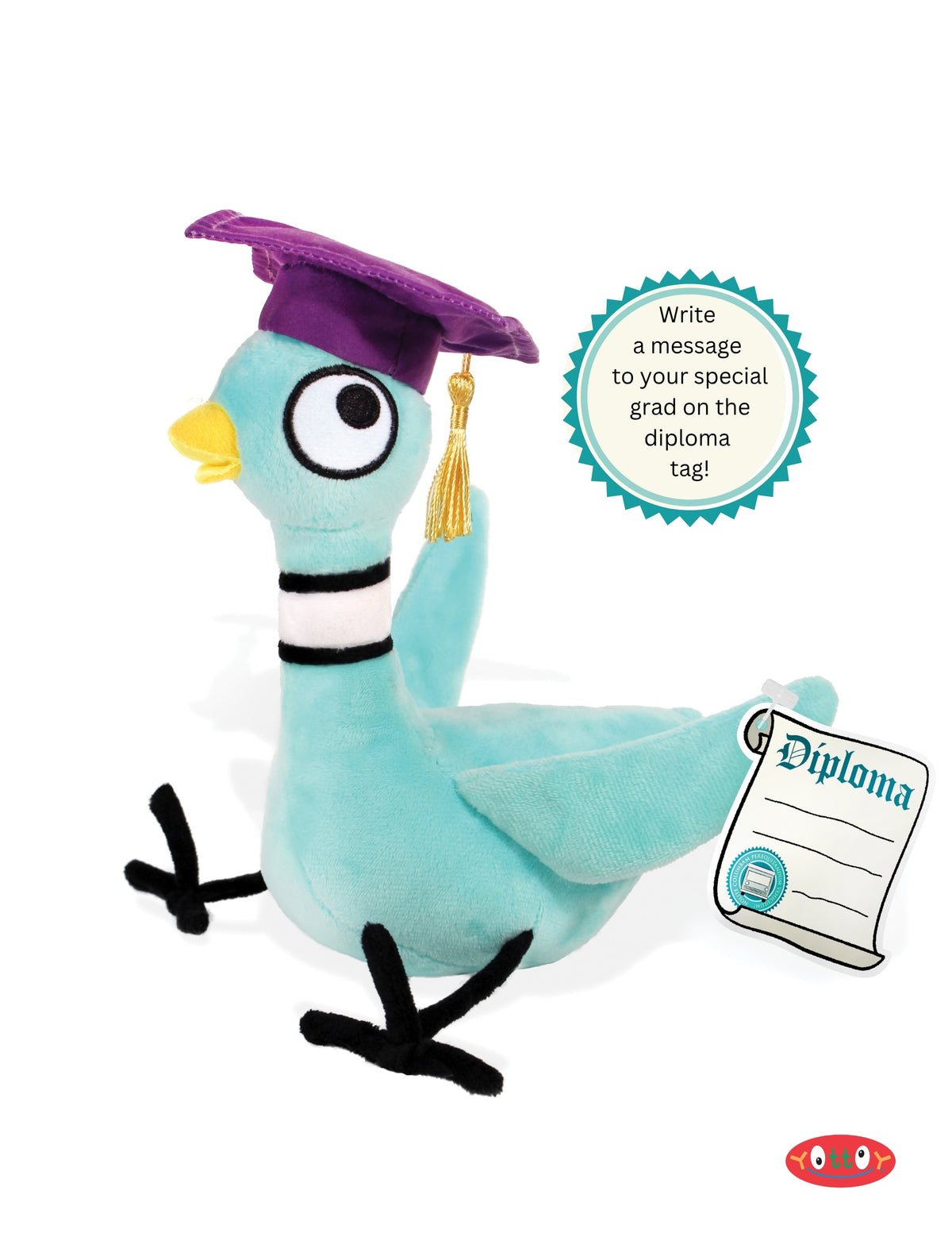 A plush pigeon toy wearing a purple graduation cap with a gold tassel, a yellow beak, black-and-white striped neck, and black feet. A paper diploma tag is attached, and a circular badge says, 'Write a message to your special grad on the diploma tag!'.
