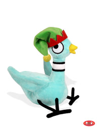 A plush toy of a turquoise Mo Willems Pigeon wearing a green elf hat with a red crown and a black-and-white striped neck collar, shown on a white background.