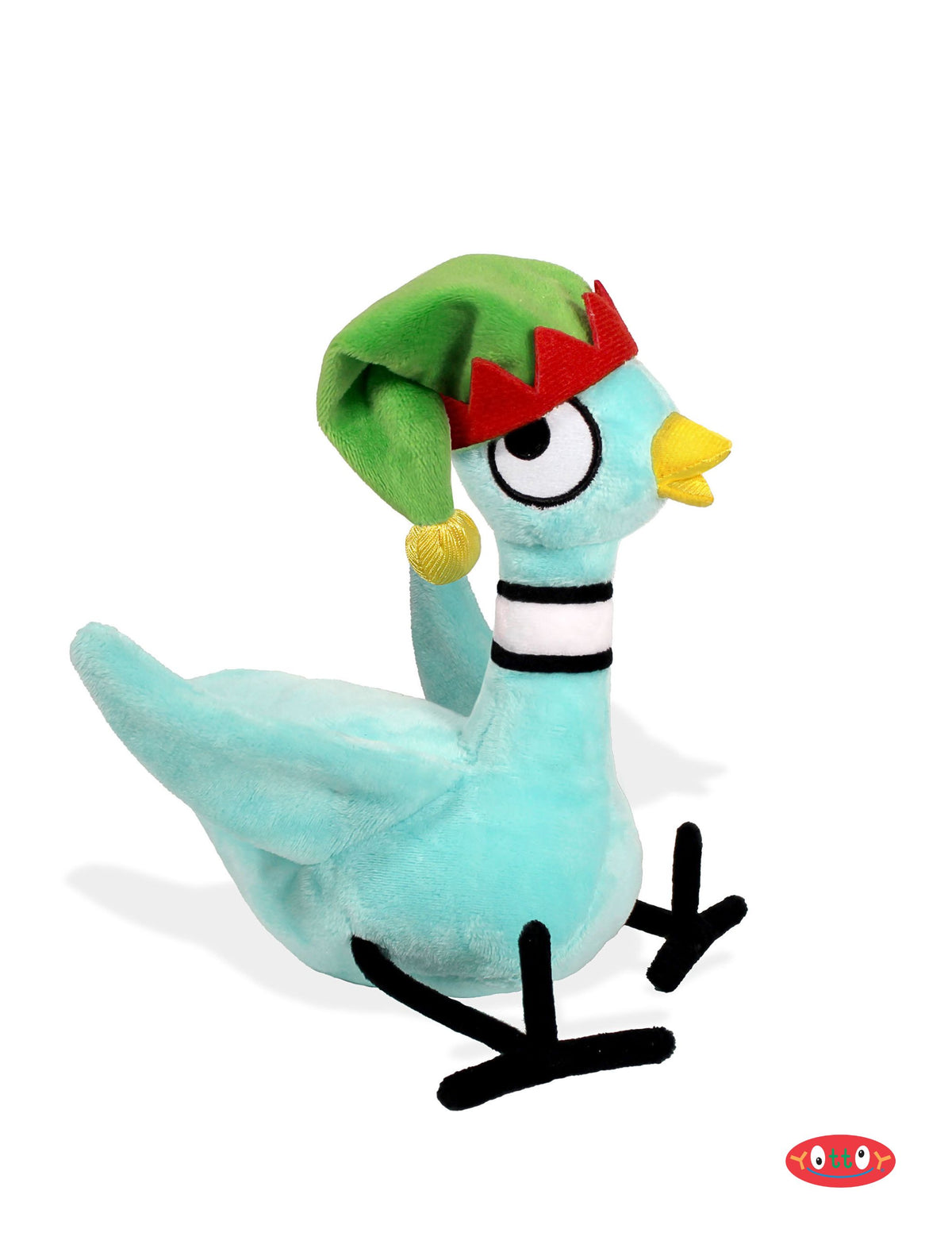A plush toy of a turquoise Mo Willems Pigeon wearing a green elf hat with a red crown and a black-and-white striped neck collar, shown on a white background.
