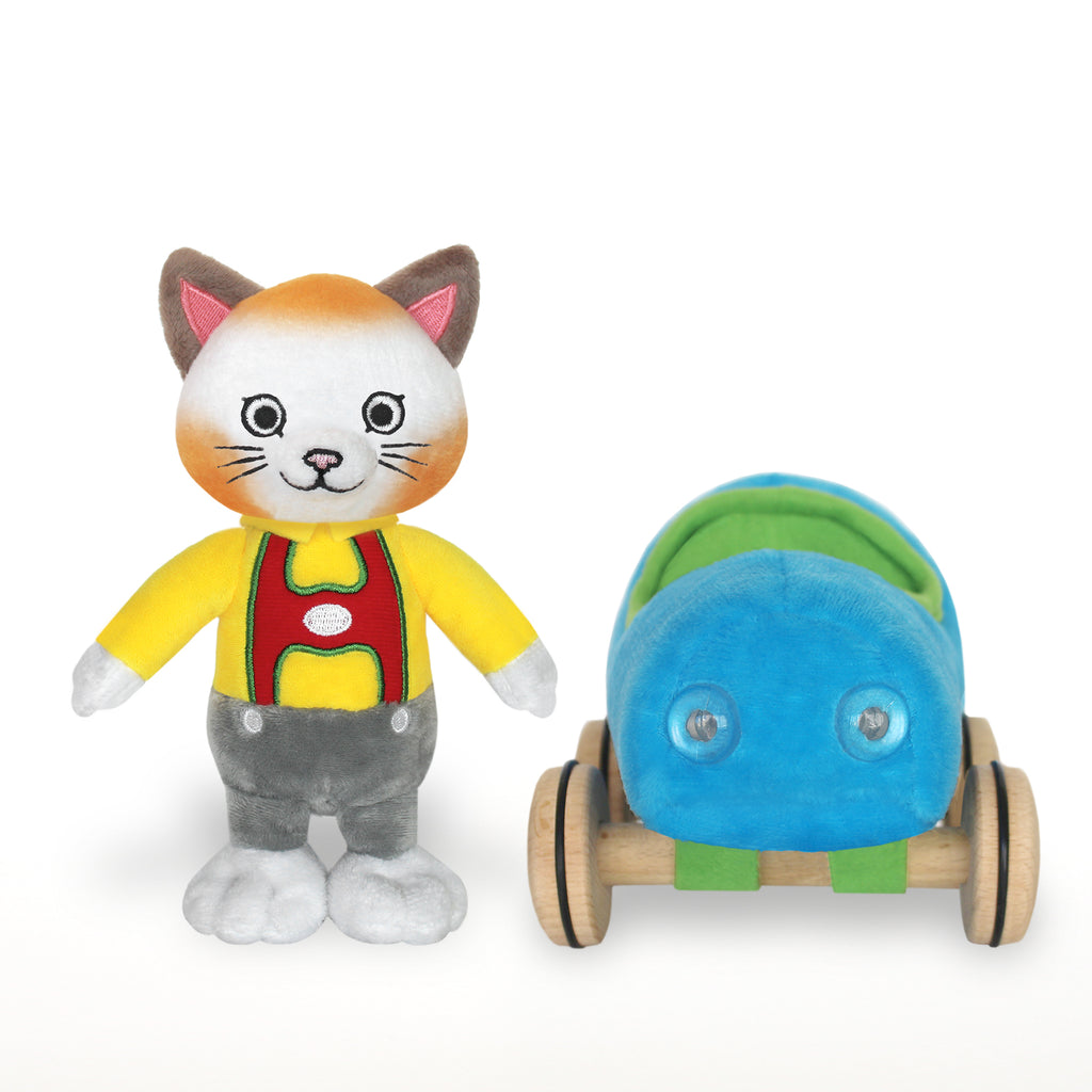 Huckle Cat Soft Toy with Blue Car