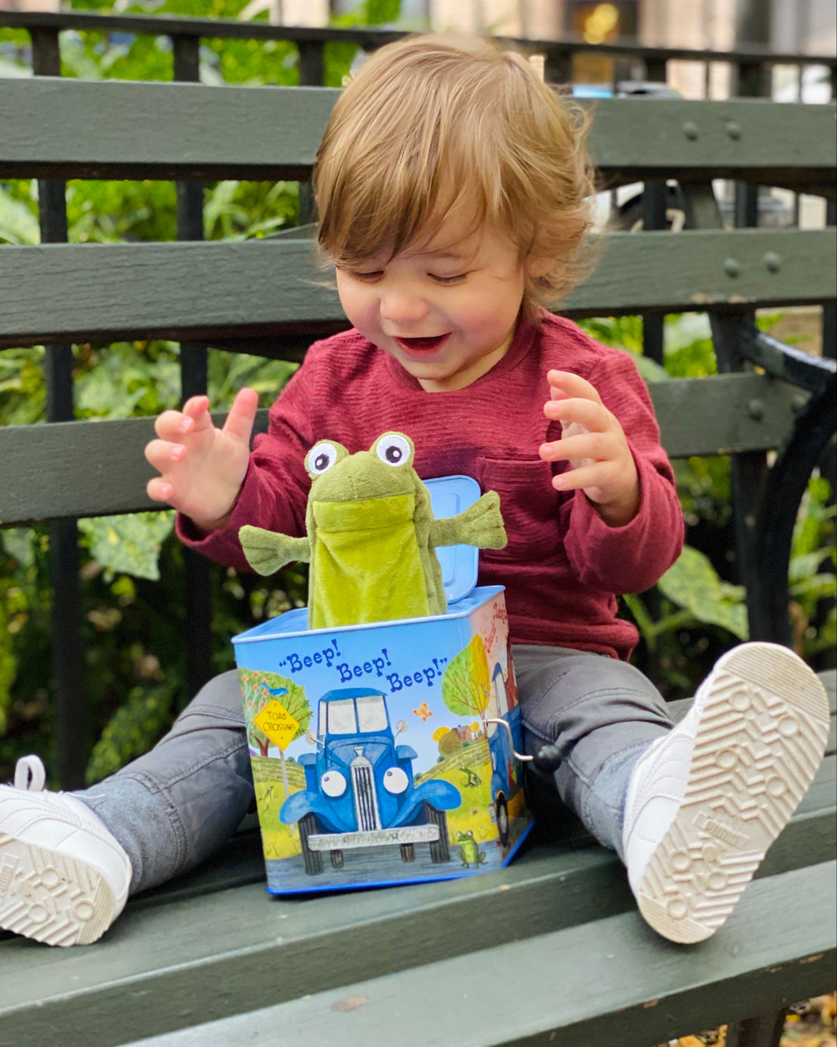 Little Blue Truck Jack in the Box Toy with plush frog popped up. 