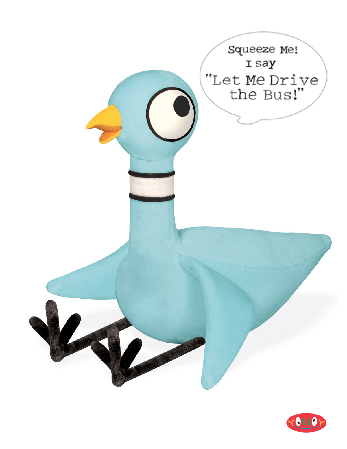 A soft blue pigeon toy with embroidered details, velour feet and legs, and a speech bubble that says 'Squeeze me! I say “Let Me Drive the Bus!”'.