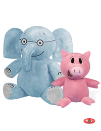 A soft toy elephant in light blue and a chenille pink soft toy pig with embroidered details, sitting side by side