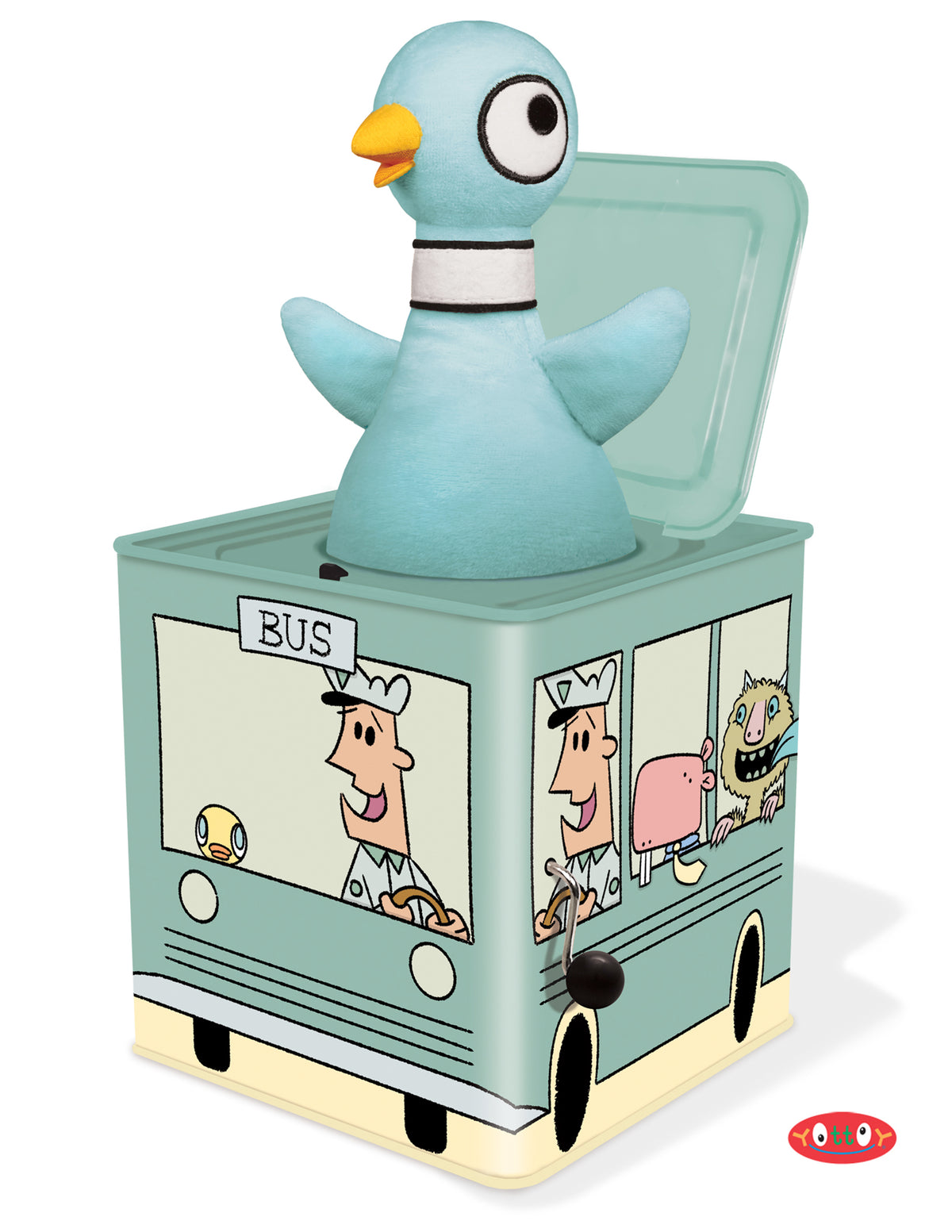 A musical toy resembling a bus with a cartoon pigeon character popping out from the top, designed for children.